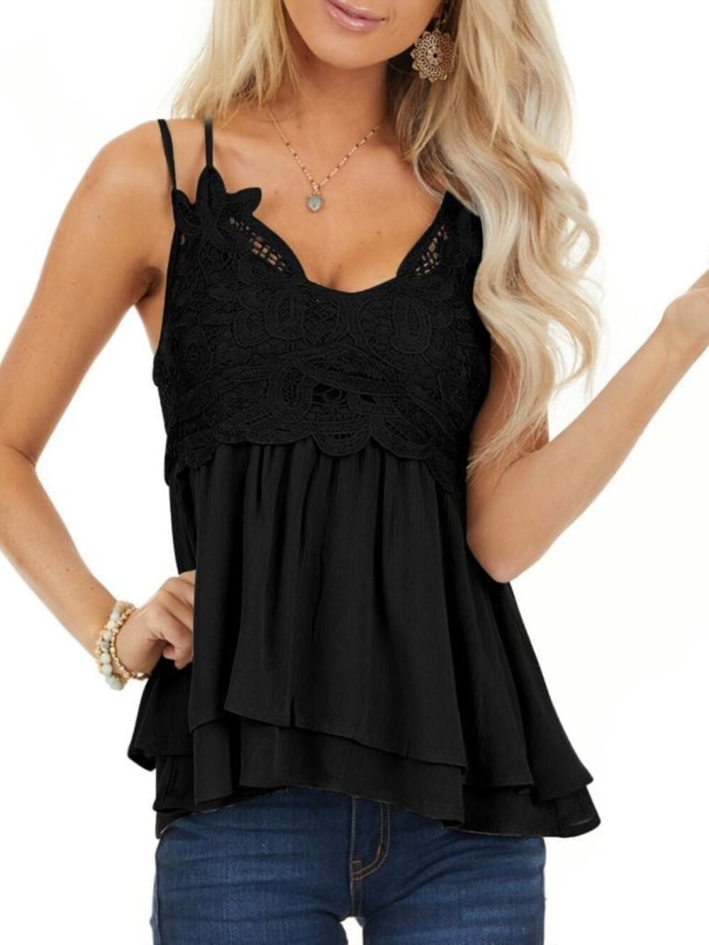Lace Tank Top for Women - Summer Chiffon Spaghetti Strap Cami Sleeveless
